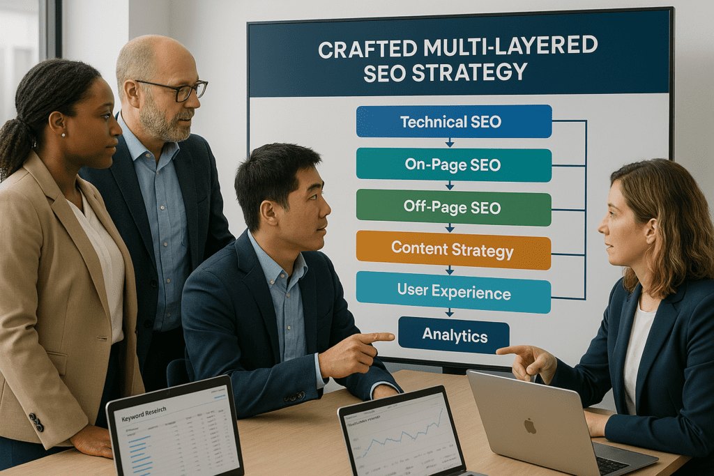 Team brainstorming multi-layer SEO strategy – How to Stay Updated with SEO Strategies