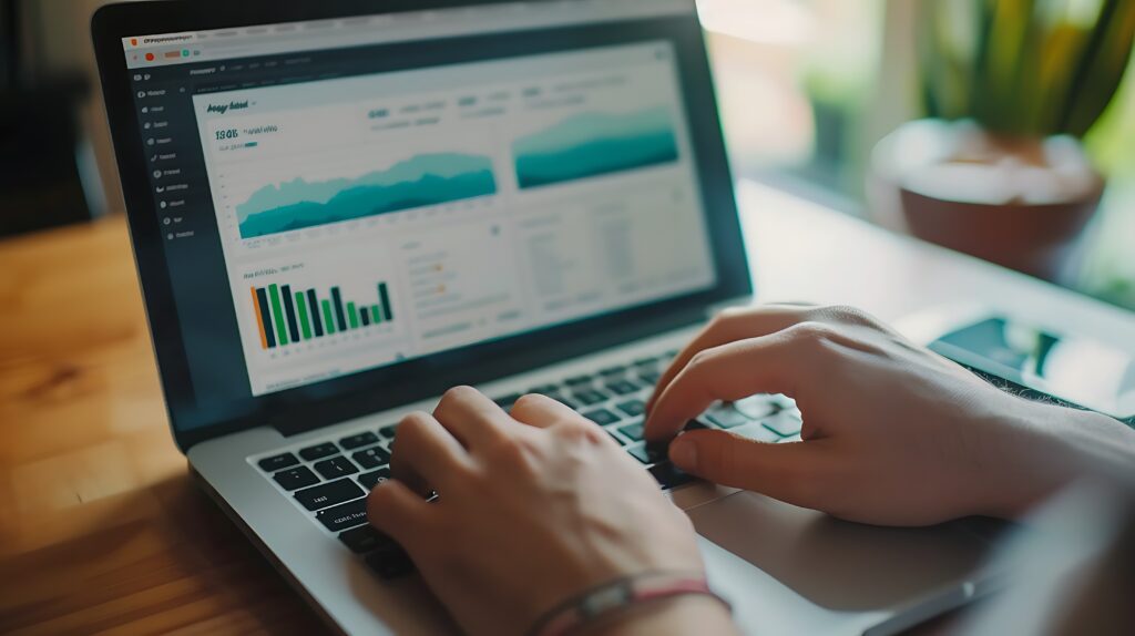 Illustration showing SEO Audit and Optimization tools and metrics on a dashboard, including graphs, keywords, and performance analytics.