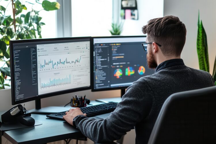 Illustration showing SEO Audit and Optimization tools and metrics on a dashboard, including graphs, keywords, and performance analytics.