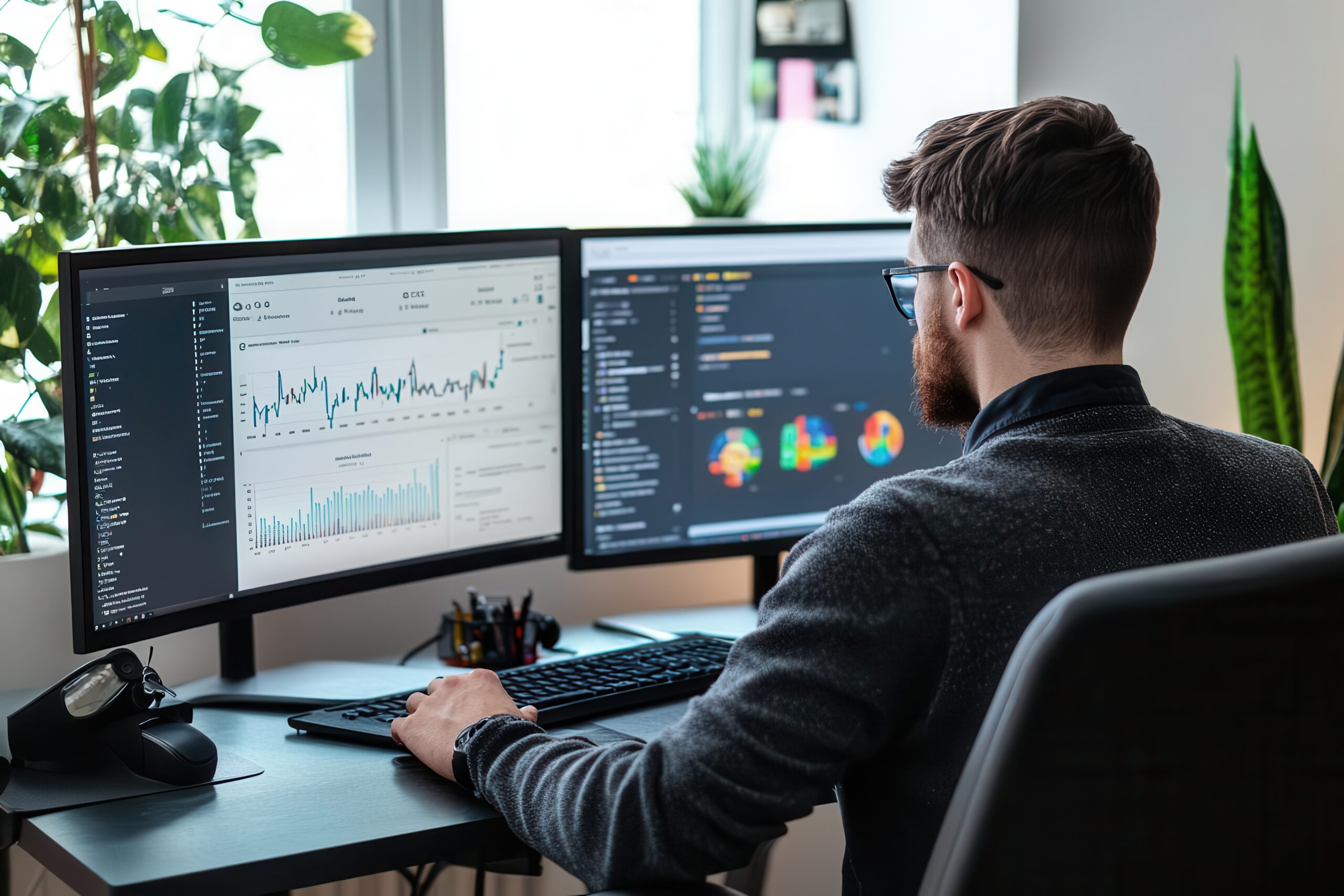 Illustration showing SEO Audit and Optimization tools and metrics on a dashboard, including graphs, keywords, and performance analytics.