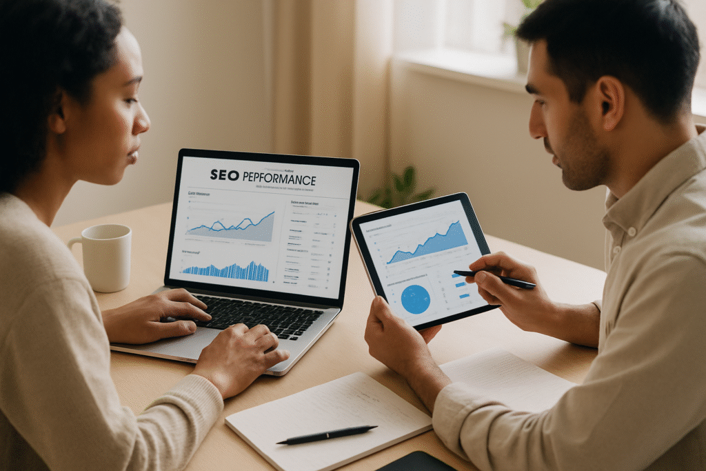 "Business owner reviewing affordable SEO services for local businesses on a laptop"