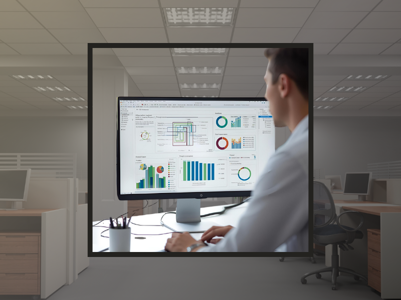Professional SEO expert auditing a website’s structure on a computer screen. Show wireframes, site map diagrams, and speed test results. Bright modern workspace, focus on detail.